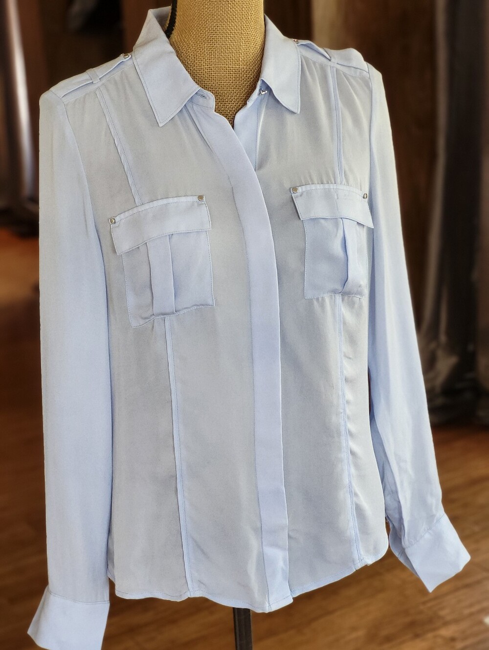 White House Black Market Powder Blue Silk Utiliry Blouse Size 12 (Medium)